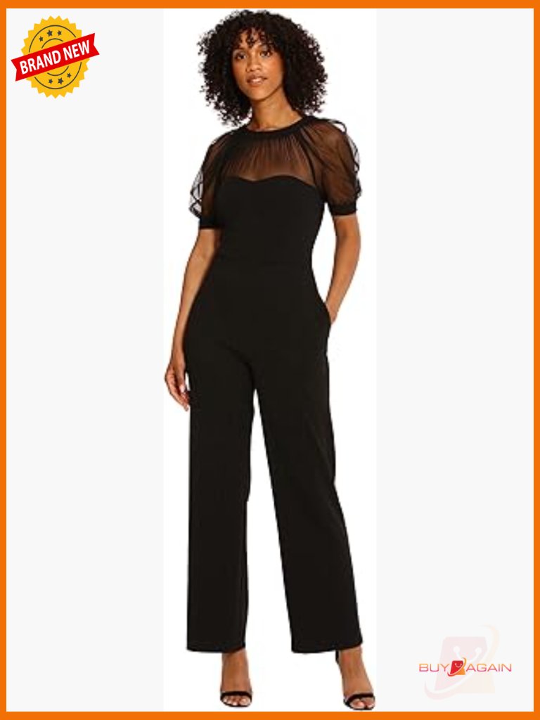 Illusion Jumpsuit With Sheer Sleeves, Pockets, Zipper Closure, Scuba Crepe